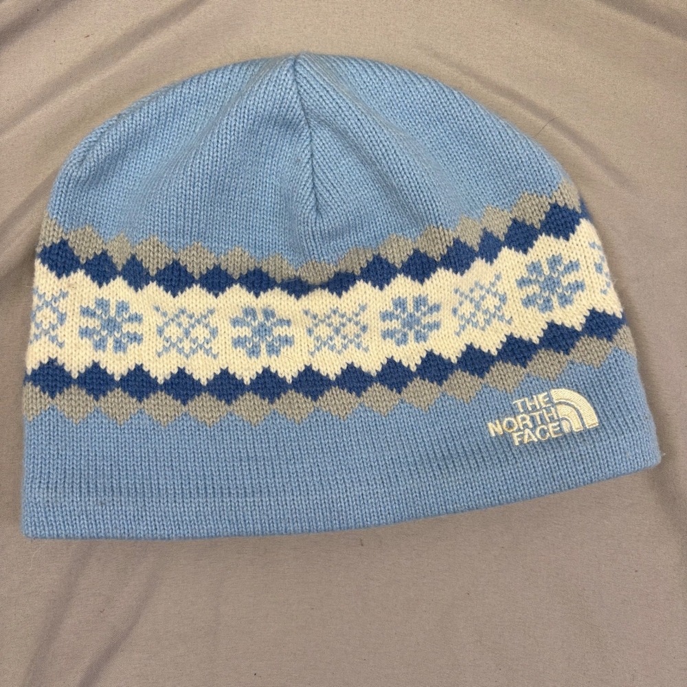 The North Face Kids Blue Fair Isle Snowflake Knit‎ Fleece Lined Beanie Hat OS